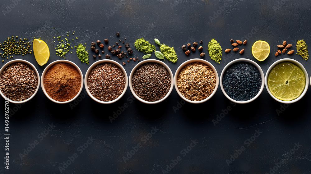 Poster Variety of seeds and spices are artfully arranged in small bowls on dark surface, accompanied by lemon and lime slices, creating vibrant and textured display