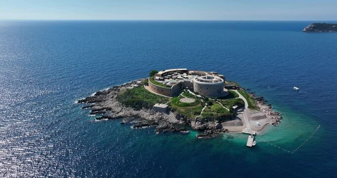 Fort on Adriatic Sea Island Mamula in Montenegro, wide aerial parallax