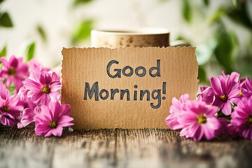 Naklejka premium Floral Arrangement with 'Good Morning' Card and Coffee Mug for a Positive Start