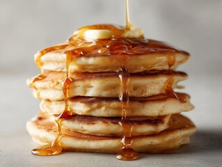 Stack of fluffy pancakes with butter and syrup, classic breakfast indulgence