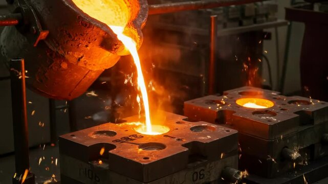 Molten metal pouring from a ladle into a sand cast mold, highlighting the intense heat and sparks within a foundry for heavy industry and metalworking footage.
