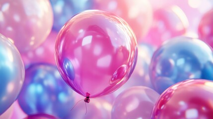 Floating Delights: A close-up shot of iridescent balloons floating gently in a soft-focus light, creating a dreamy and celebratory atmosphere.