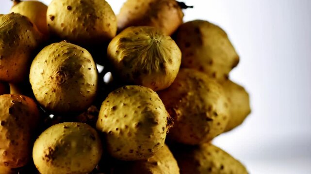 Close-up of a pile of fresh, raw chayote squash, displaying the vegetable's yellow skin, speckled texture, and ribbed details.