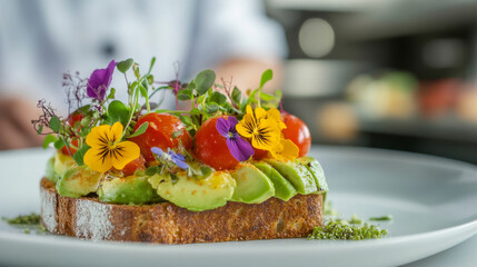 Gourmet Avocado Toast with Edible Flowers and Cherry Tomatoes
