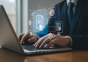 Business standard certificate concept. Businessman use laptop with virtual screen of Certified business documents. International standard certification of product.