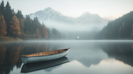 Serene Lake and Boat Amidst Mountains: A tranquil scene unfolds as a wooden boat gently floats on a still lake, embraced by the majesty of mountains shrouded in a gentle mist, evoking peace and calm.