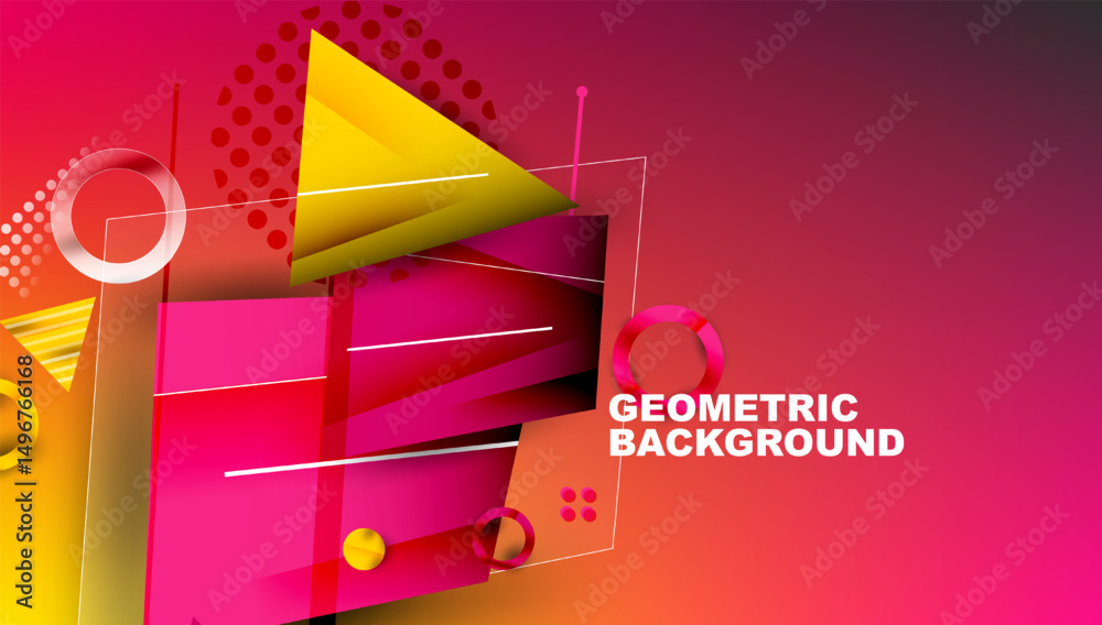 Poster abstract geometric composition. vibrant pink, yellow hues dominate design. shapes overlap, creating 