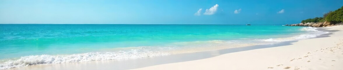Fototapeta premium Serene coastal scene featuring pristine white sand, turquoise ocean waves gently lapping the shore, and a clear blue sky Perfect for travel, vacation, or summer themes , shore, landscape, bright