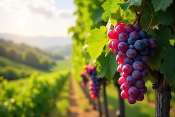 Sun-drenched Pinot Noir grapes hanging heavy on the vine, ready for harvest at a picturesque winery  Lush foliage and rolling hills create a stunning backdrop ,  rows of vines,  oregon,  viticulture