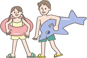 浮き輪を持つ子どもたち