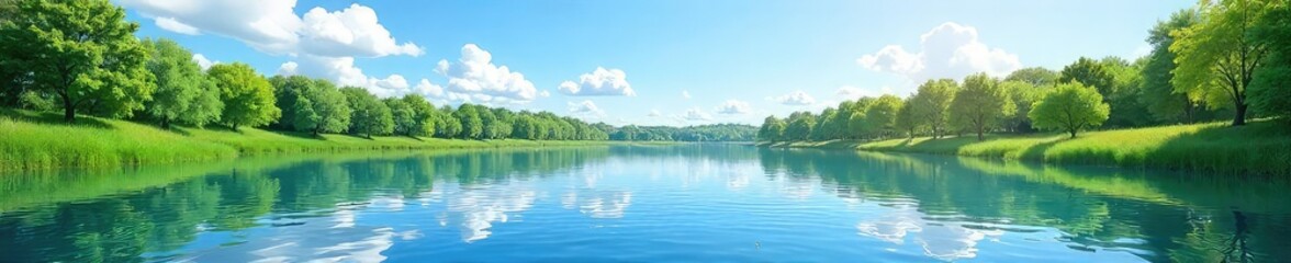 Fototapeta premium Serene pond scene on a calm, sunny day Rippling water reflects the clear blue sky and fluffy white clouds Perfect for nature, weather, or relaxation themes , outdoors, image, still