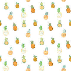 Seamless Pattern with Pineapple Art Design on White Background. Hand Drawn Vector Illustration.