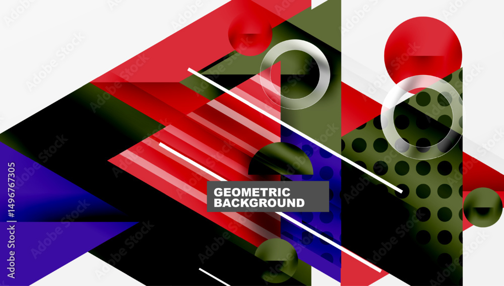 Poster Abstract geometric composition. Red, blue, black, white shapes overlap creating dynamic visual effect. Modern design elements present.