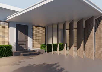 The parking area in front of the house is in beige tones, with a partition separating the walkway area and the sunlight shaded by a large tree.3d render