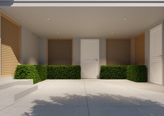 The parking lot in front of the house is empty. The coffin is comfortable. The style is minimalist with the shade of a large tree.3d render