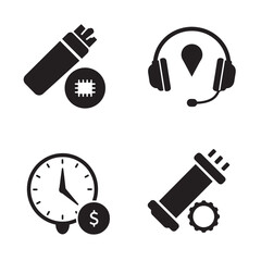 Four modern black silhouette icons representing technology support and finance elements