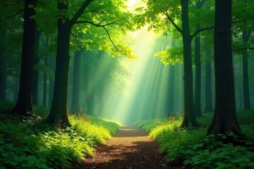 Fototapeta premium Serene forest scene with dappled sunlight filtering through lush green canopy, creating a magical atmosphere Perfect for nature, travel, or environmental themes , vibrant, texture
