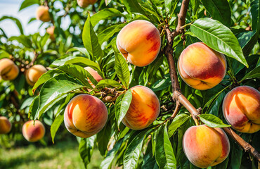 Fresh Peaches Glowing on Thriving Orchard Tree Branch