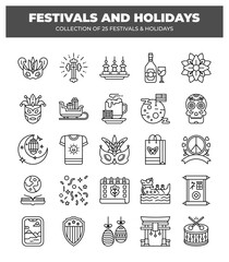 Collection of 25 Festivals and Holidays. Line Icons Pack