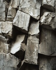 Close-up view of a rough, textured rock formation, composed of numerous angular, grey and brown stones tightly fitted together, creating a complex, three-dimensional pattern