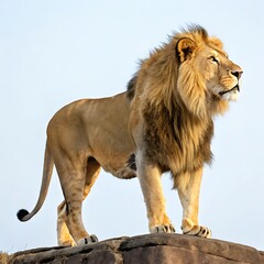 Obraz premium Male lion standing on a rock in the savannah of africa