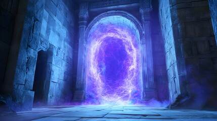 Fototapeta premium High fantasy scene of an arcane portal with blue and purple glowing energy carved into ancient stone in a forgotten temple