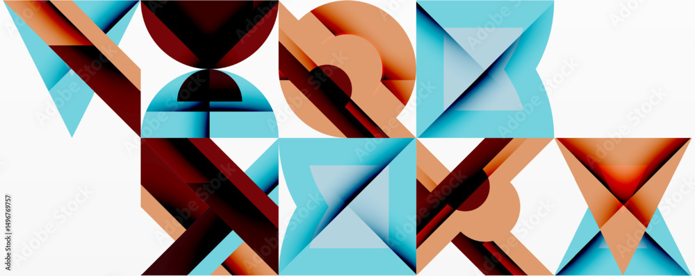 Poster Abstract geometric shapes, warm cool tones, repeating patterns create modern visual texture. Minimalist design, clean lines dominate composition.