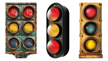 Vintage Traffic Lights with Red, Yellow, and Green Lenses Design Isolated Transparent Background