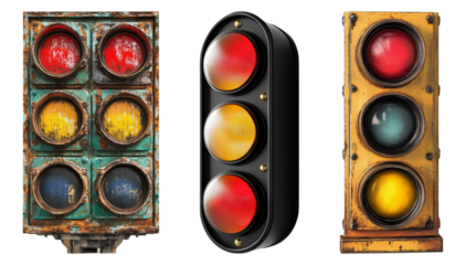 Vintage Traffic Lights with Red, Yellow, and Green Lenses Design Isolated Transparent Background