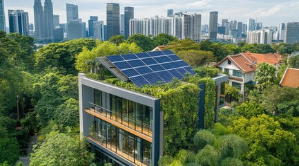 An aerial view showcases a modern building integrated with nature.  Solar panels and a green wall adorn its roof, contrasting with a lush green backdrop and a cityscape in the distance