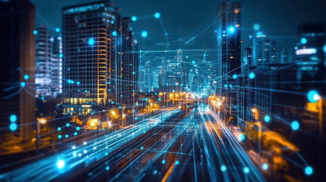 Futuristic interconnected city network with vibrant digital connections