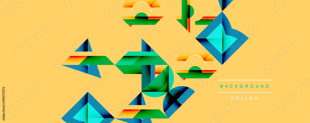 Poster Abstract geometric shapes overlap, creating dynamic visual texture. Warm yellow background complements cool color accents. Modern design element.