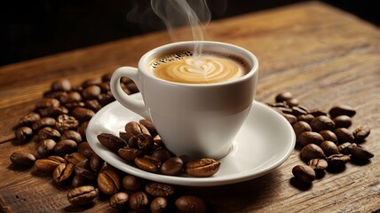 Fototapeta premium Aromatic Coffee Moment: A steaming cup of rich coffee is surrounded by roasted coffee beans, placed on a wooden surface. The image captures a perfect, cozy moment.