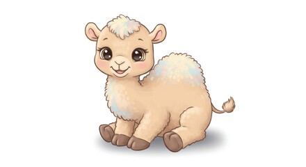 Cute cartoon camel sits on white background, isolated illustration
