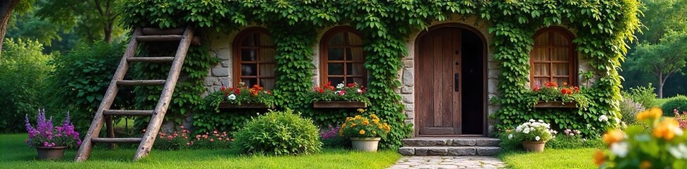 A rustic wooden ladder leans against a charming, ivy-covered cottage, leading to a cozy, inviting home, symbolizing the journey and comfort of returning home , green, climbing