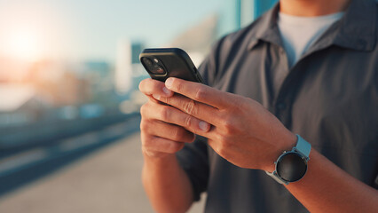 Man, hands or fitness with phone in city for workout app, tracking performance or chat. Closeup,...