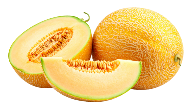 Fresh melon cut out and paths isolated on transparent background, high quality photo