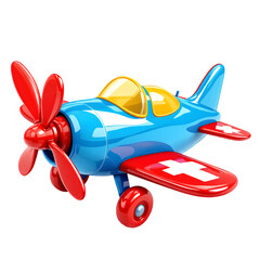 A glossy toy airplane with red propeller and wings on a black background