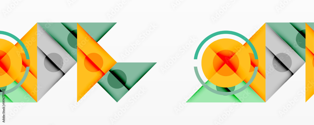 Poster abstract geometric shapes overlap, creating layered design. orange, green, gray colors dominate comp