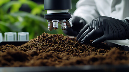 Scientist Examining Soil Sample Under Microscope