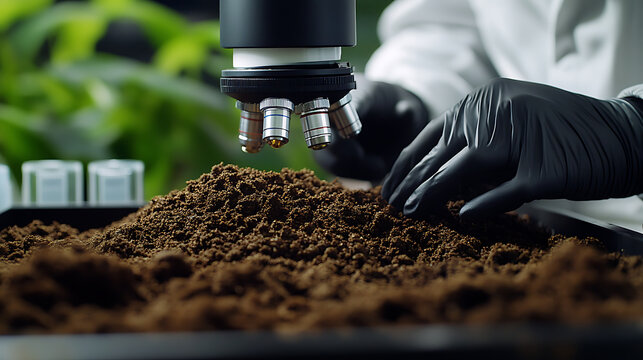 Scientist Examining Soil Sample Under Microscope