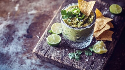guacamole in a glass, with chunks of avocado, jalapenos, and fresh herbs, corn tortilla chips and lime slices near the glass