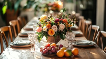 Dining table with flowers and fruit centerpiece