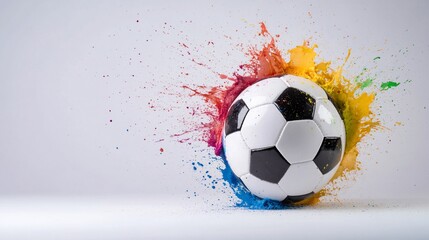 Naklejka premium Soccer ball bursts with colorful paint on white background