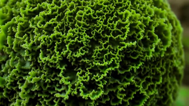Close up of intricate green Romanesco broccoli surface showing fractal geometric pattern and rough textured florets in natural light