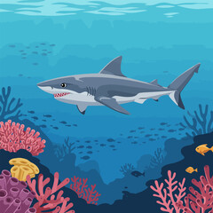 Obraz premium Shark Swimming Above Coral Reef Cartoon Illustration in Ocean