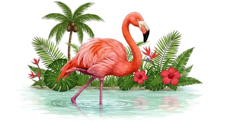 Fototapeta premium Elegant flamingo in tropical paradise, watercolor illustration