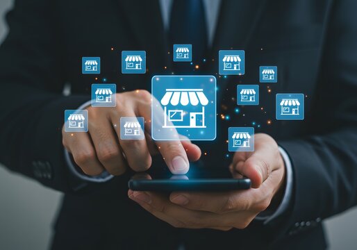 Hand choose franchise business store on arrow graph for franchising goal to growth branch expansion and business banking loan or consumer resources service.