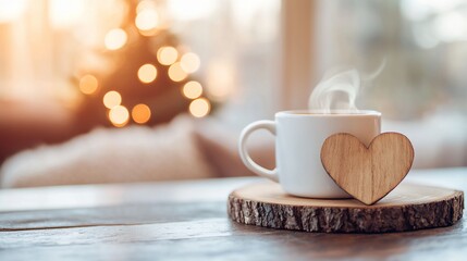 Obraz premium Steaming coffee cup with wooden heart, cozy atmosphere, bokeh lights