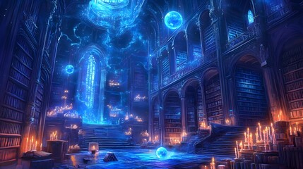 Vast magical library with floating books glowing orbs and ancient tomes lit by candles and enchanted chandeliers richly detailed fantasy